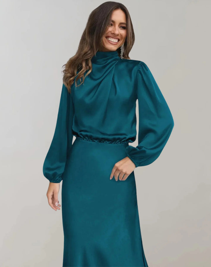 Dark blue satin midi dress with a draped neckline - elegant, effortless style for any occasion.