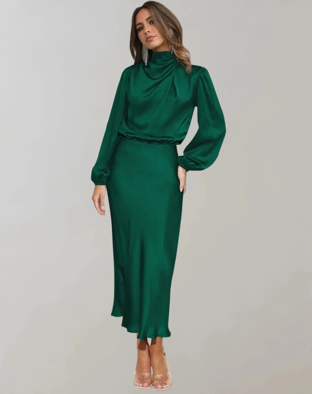 Dark green satin midi dress with draped neckline, elegant and flattering design for formal occasions.