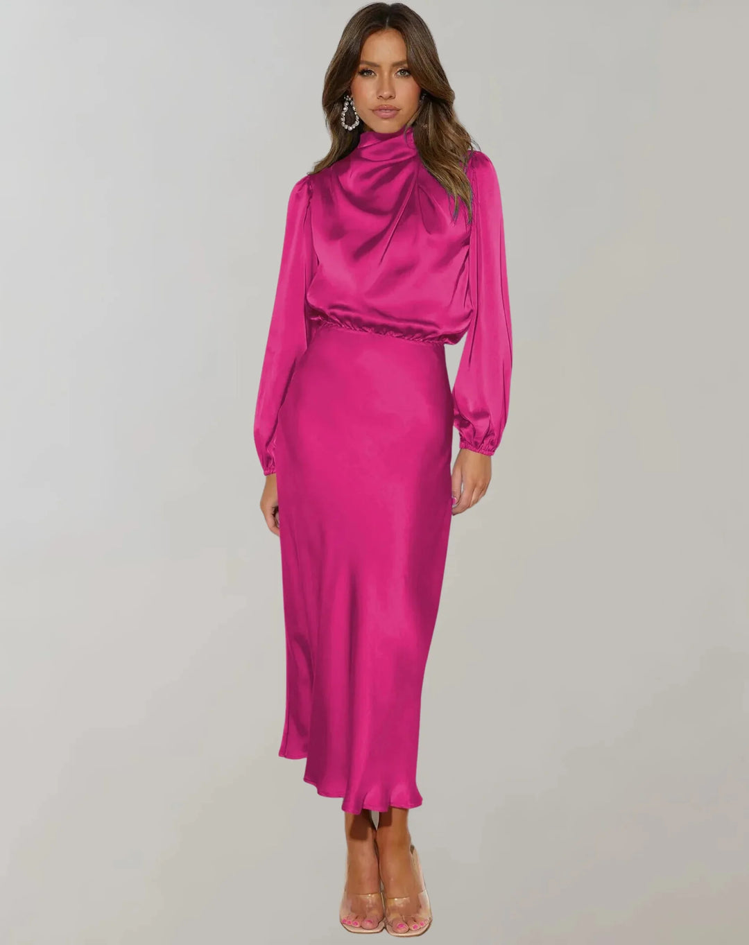 Pink satin midi dress featuring a draped neckline, exuding elegance and sophistication, perfect for formal occasions.