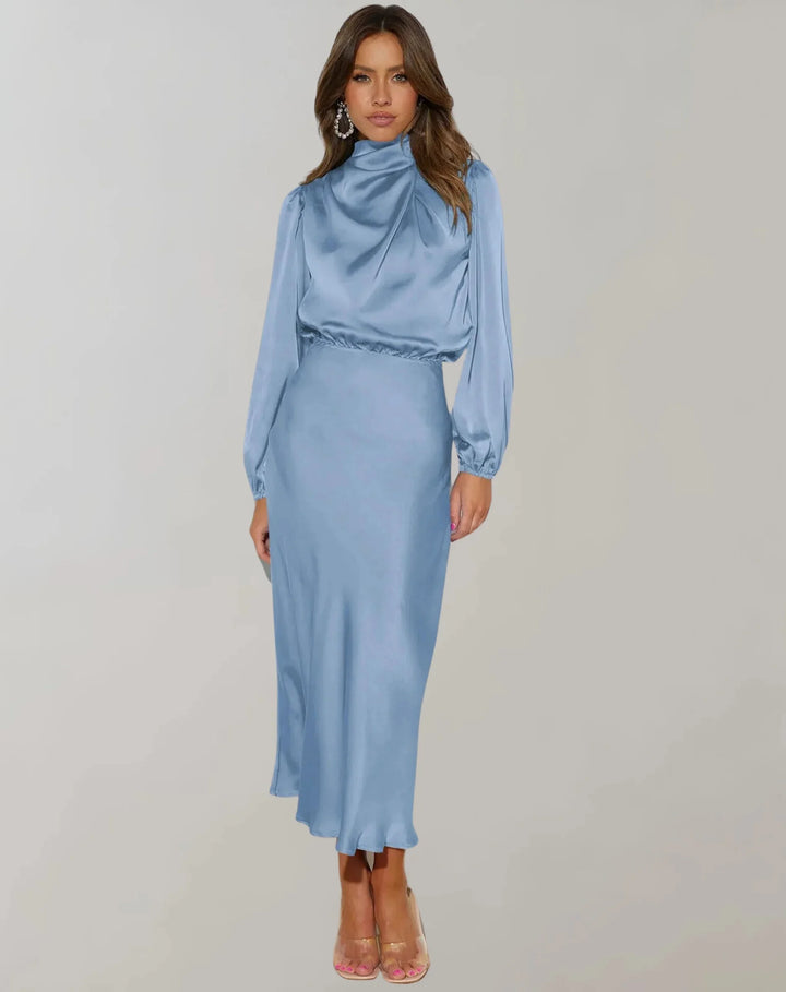 Sky blue satin midi dress with draped neckline, a versatile and elegant piece for any occasion.