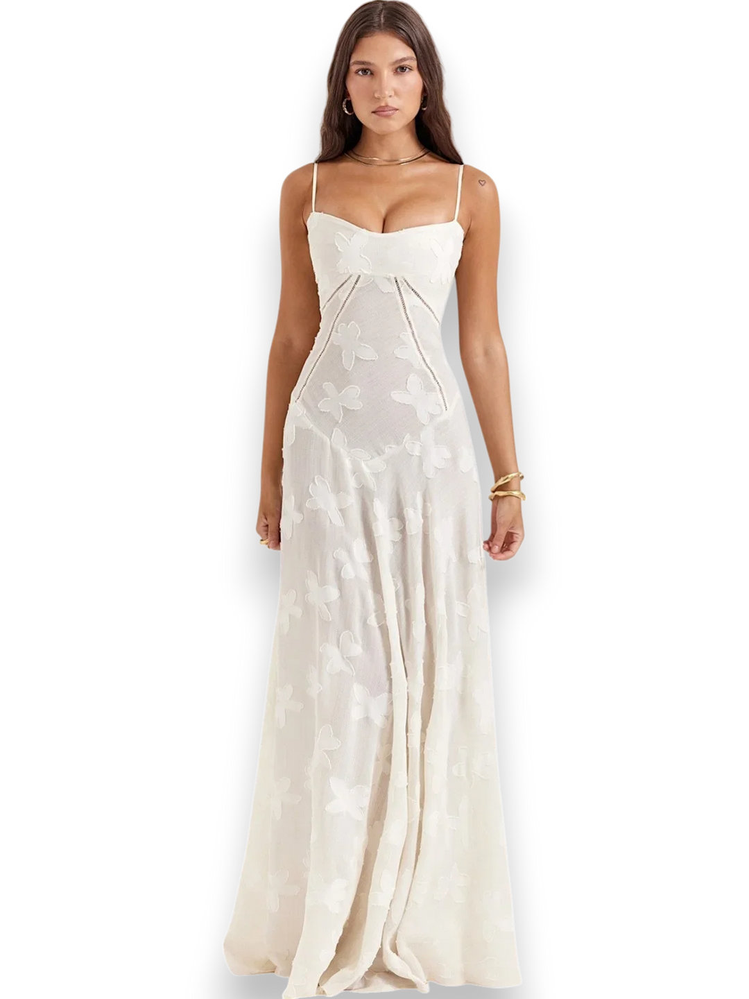 Embroidered maxi dress with spaghetti straps in light and flowy fabric, perfect for a summer day or an evening out.