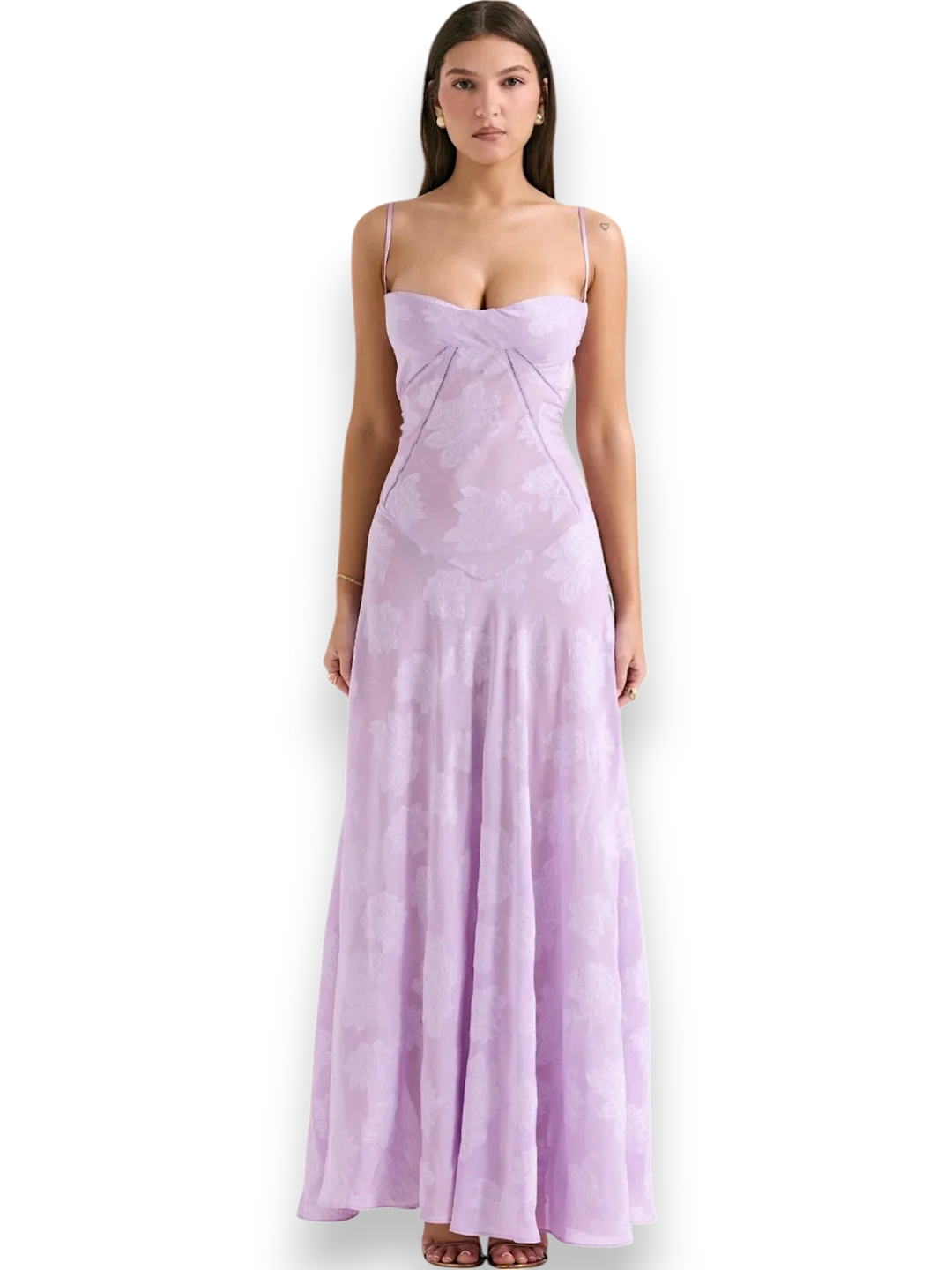 Spaghetti strap maxi dress with delicate embroidery in a light, flowy fabric perfect for summer outings.