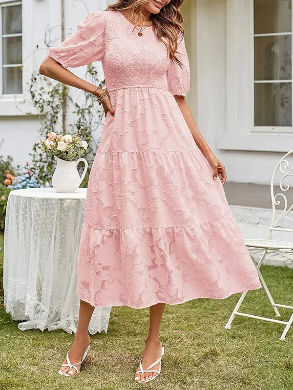 Floral textured tiered midi dress with romantic flounce sleeves and a cinched waist by Klaire.