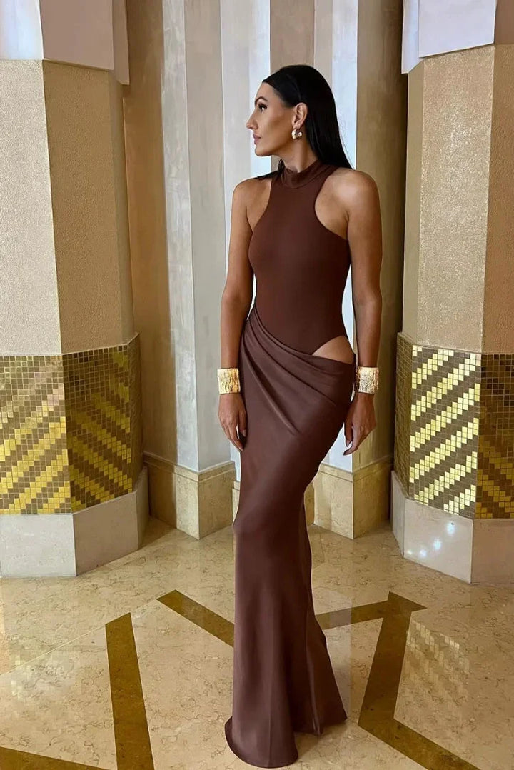 "Chocolate-hued evening dress with sleek design, perfect for formal occasions."