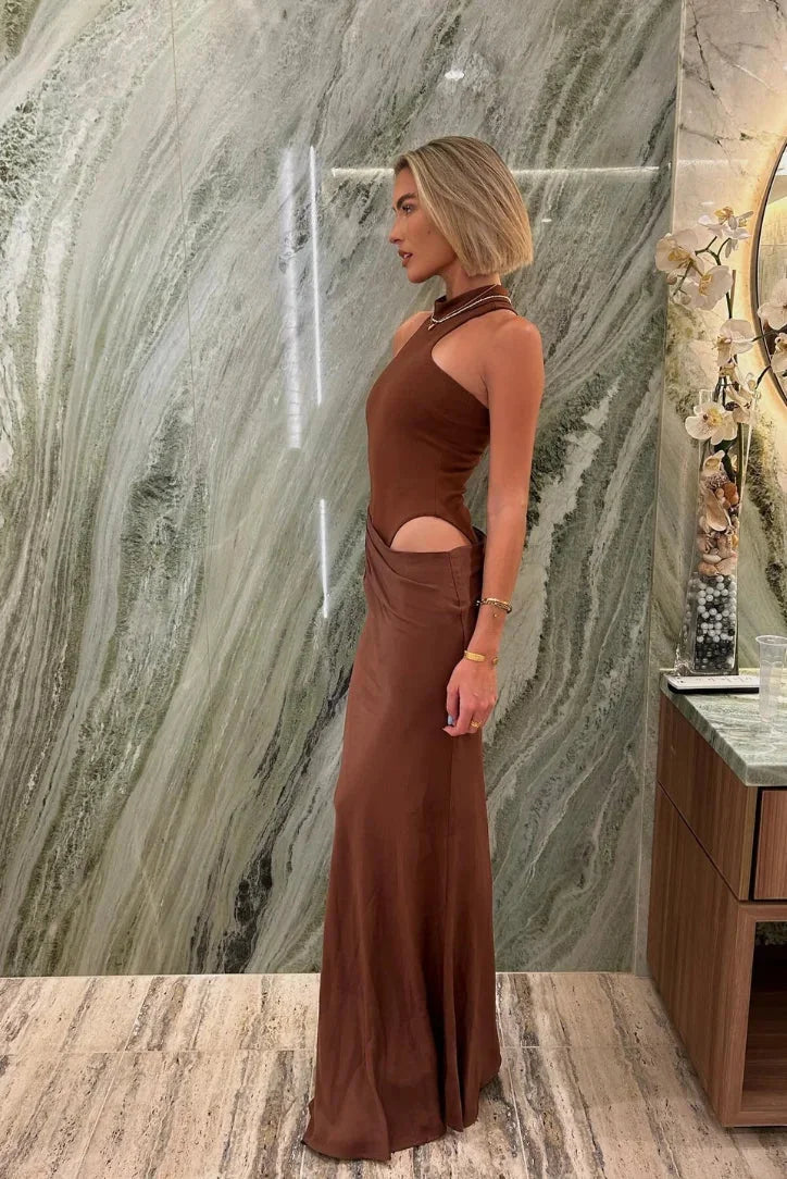 "Brown evening dress with sleek silhouette perfect for special occasions"