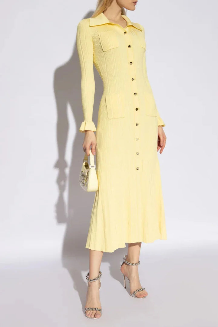 Alt text: "Layloni ribbed dress featuring buttons detailing, perfect for casual chic style with a touch of elegance in a…