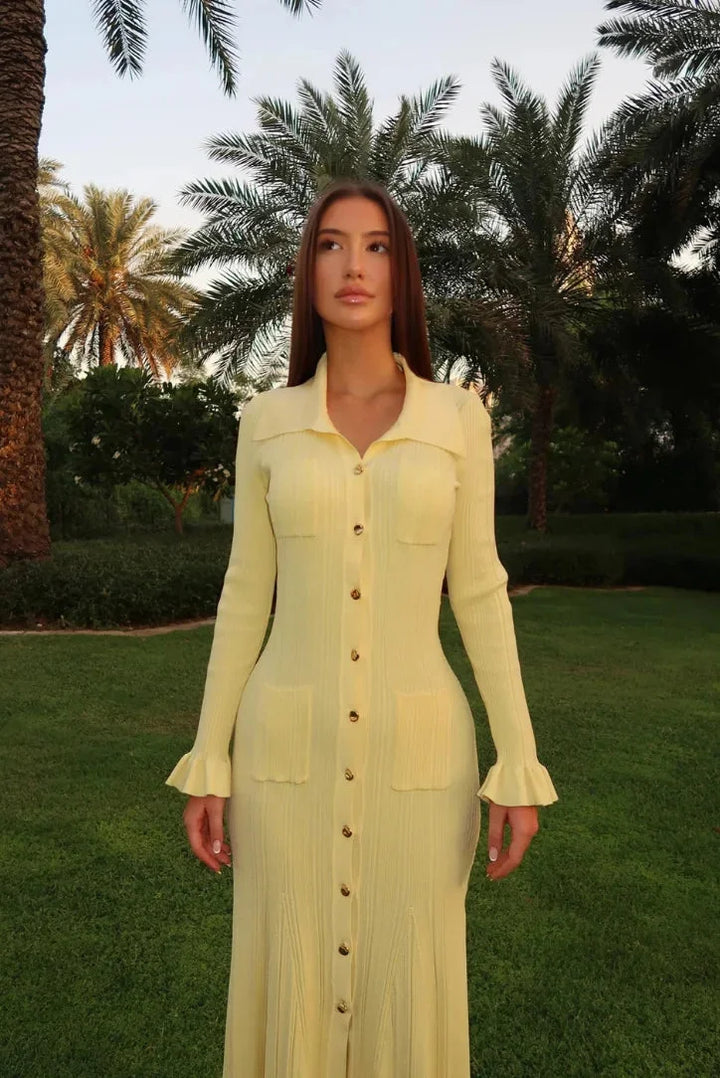 Butter yellow ribbed dress with button details by Layloni, showcasing a chic and sophisticated design perfect for everyday…