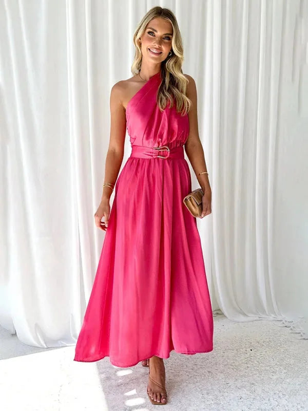 Pink one-shoulder dress with belt, flowy and elegant design, made of soft and breathable material perfect for special…