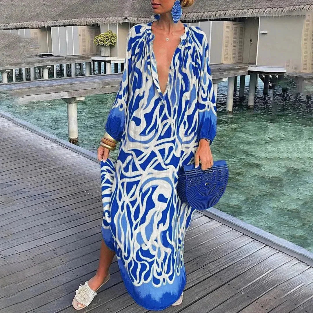 Blue chiffon beach kaftan dress by Lisbeth, featuring a breezy and flowing design perfect for a day by the water.