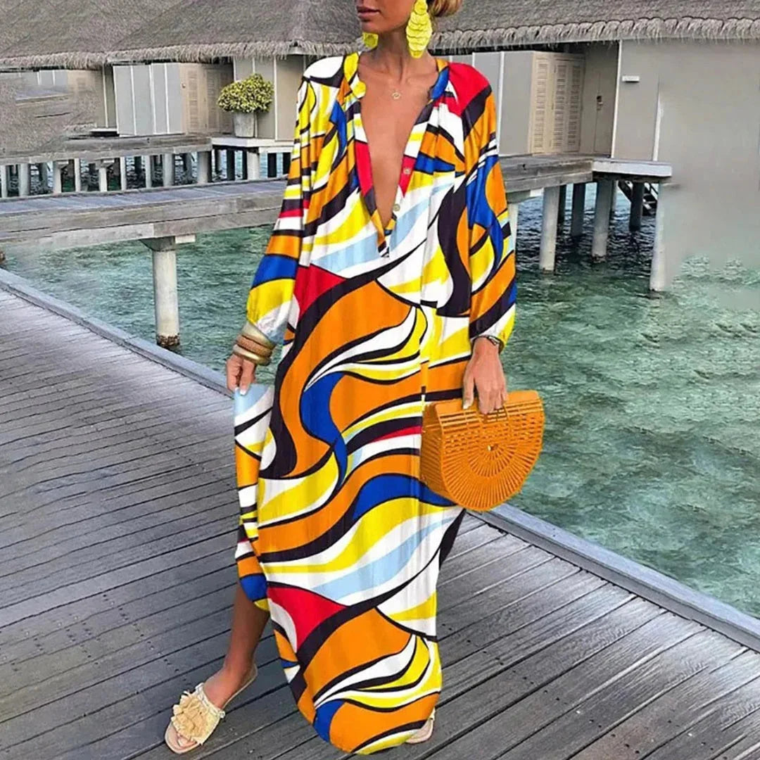 Yellow chiffon beach kaftan dress with a breezy and flowing design, perfect for a stylish day at the beach or poolside.