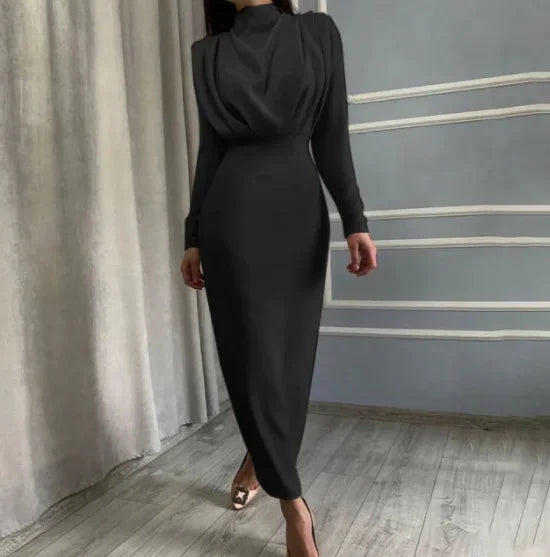 "Black midi dress with draped back, long sleeves, and an elegant design suitable for formal occasions."