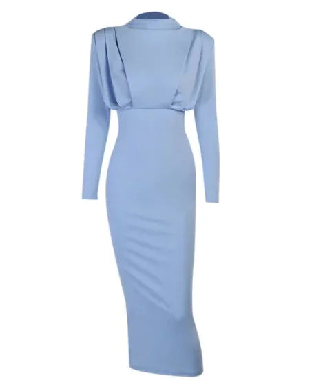 Blue long-sleeve midi dress with draped back. Flowy silhouette, soft and comfortable fabric. Perfect for a chic and elegant…