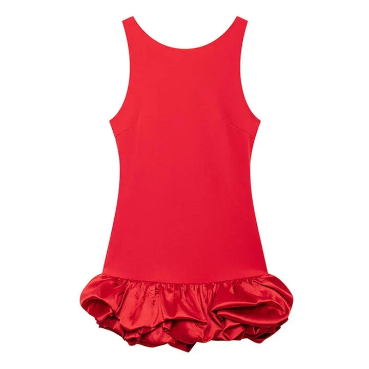 Red mini dress with ruffled hem. Made from lightweight cotton blend. Features a flattering A-line silhouette and short…