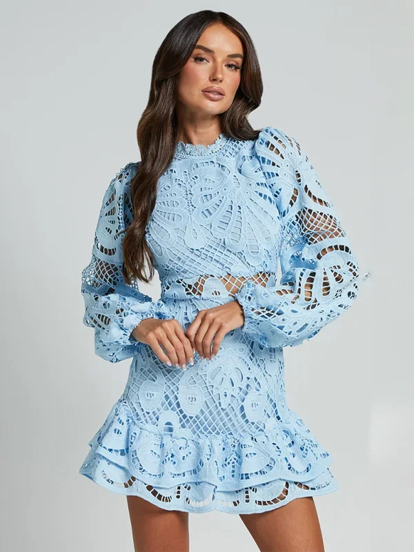 Blue lace mini dress with elegant ruffles, long sleeves. Feminine and charming design perfect for special occasions.