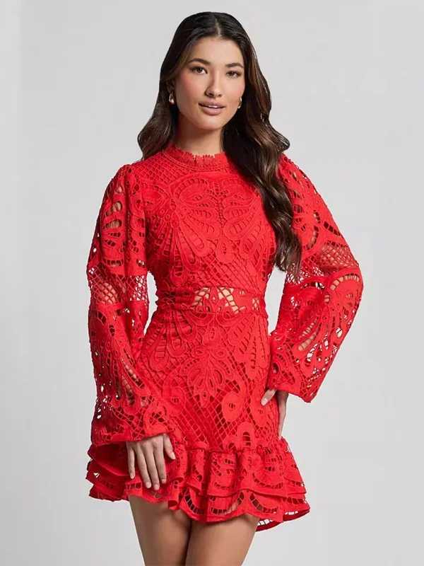 Red lace mini dress with ruffled long sleeves. Delicate lace material elevates the design for a stylish look.