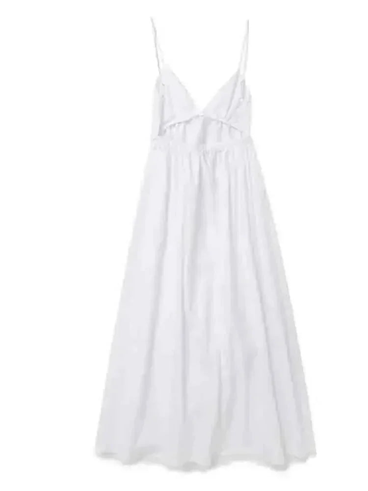 White midi dress with open-back and pleated design, perfect for casual or formal occasions. Made from lightweight and…