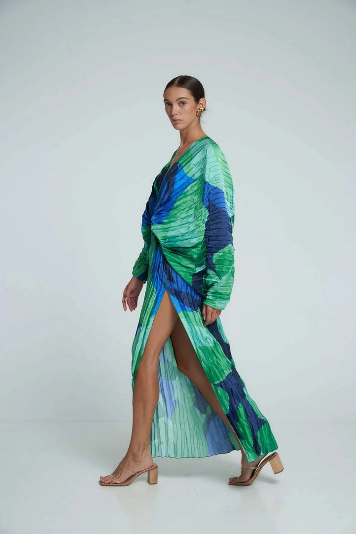 Green and blue print V-neck kaftan made from soft, lightweight fabric with a stylish and comfortable design.