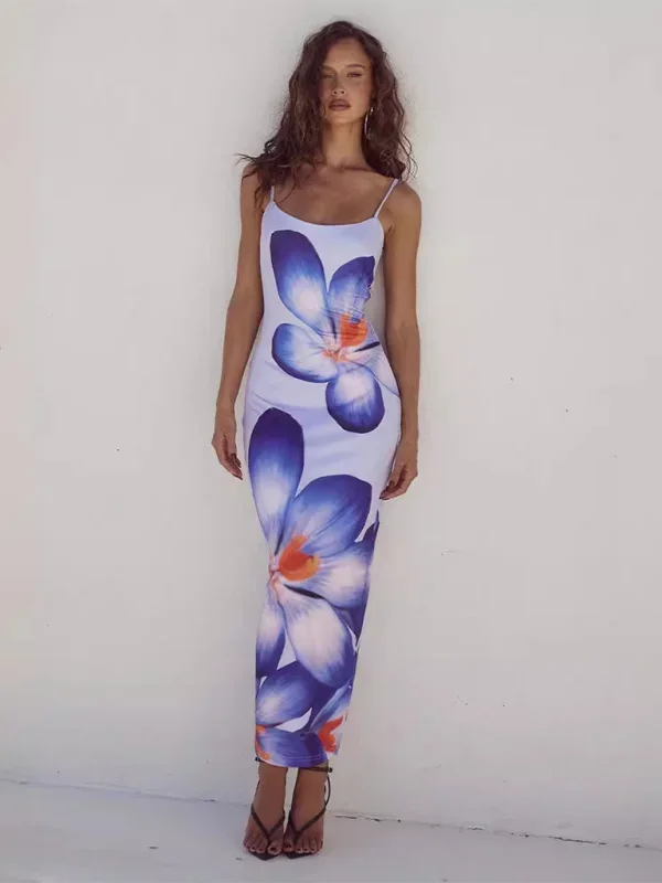 Clear blue slim-fit floral slip maxi dress with a delicate pattern, perfect for a casual day out or a special occasion.