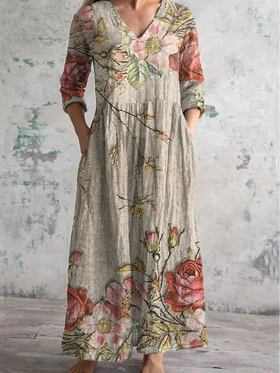 "Long-sleeve V-neck dress featuring elegant floral print on a soft, flowy fabric, perfect for your next special occasion."