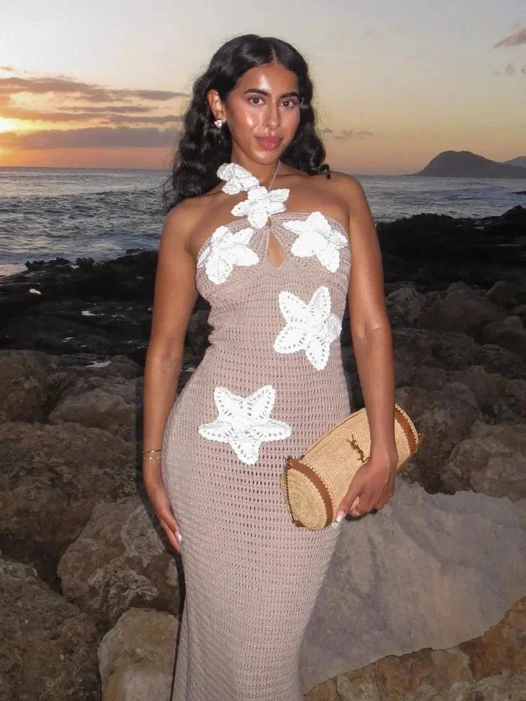 Khaki crochet halter maxi dress with a stunning backless design, perfect for a chic and elegant look.