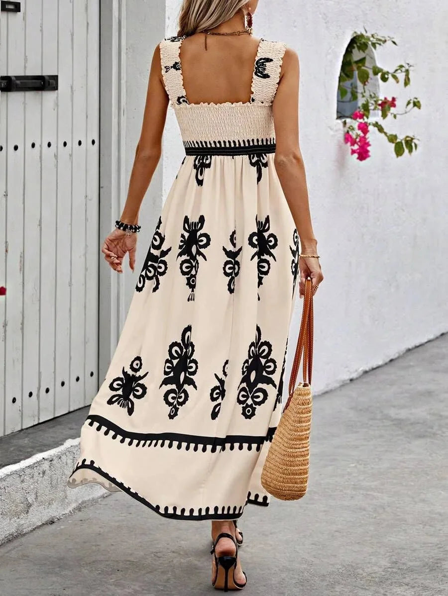 "Strapless maxi dress featuring bohemian print design, perfect for a casual day out. Soft and flowy fabric for a comfortable…