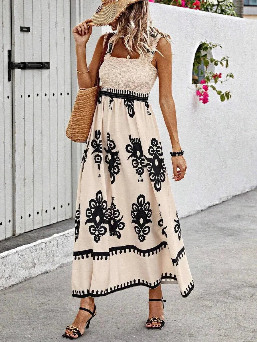 "Strapless maxi dress in bohemian print, perfect for casual outings. Soft, flowy fabric with vibrant pattern."