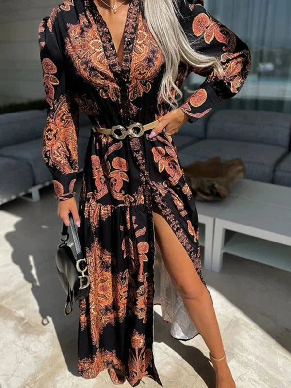 Meena - Paisley maxi dress featuring an elegant high slit, made from flowy fabric with intricate paisley print, perfect for…