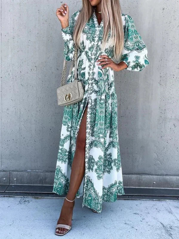 "Green paisley maxi dress featuring an elegant high slit. Made with high-quality flowing fabric for a chic and sophisticated…