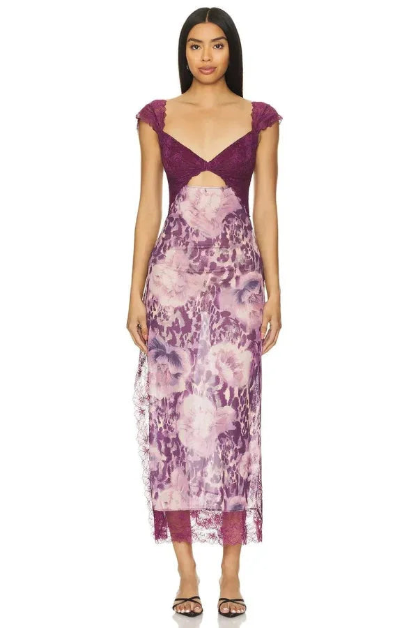 Sheer maxi dress in Amaranth combo with elegant floral print, perfect for a summer day out.