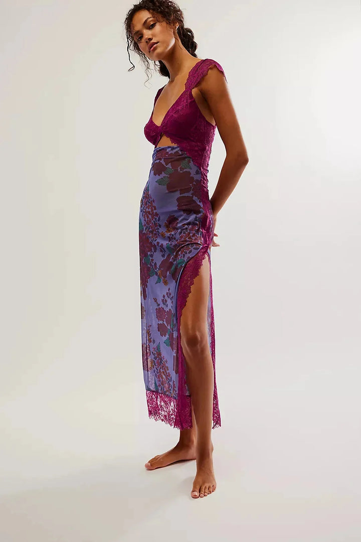 Sheer maxi dress with floral print in Ocean combo, featuring a flowy silhouette and delicate design.