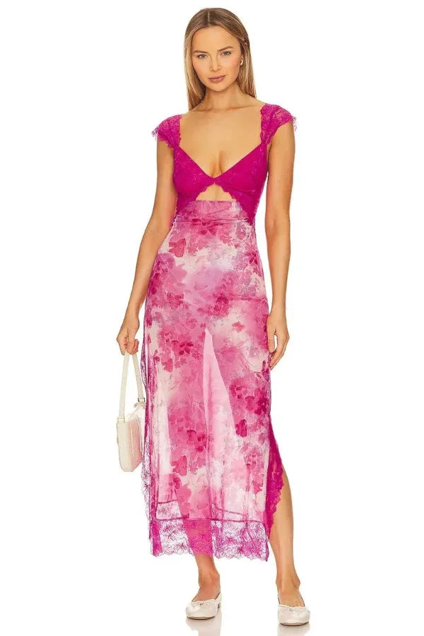 Sheer maxi dress with floral print in Rosey combo, featuring light and airy fabric perfect for summer outings.