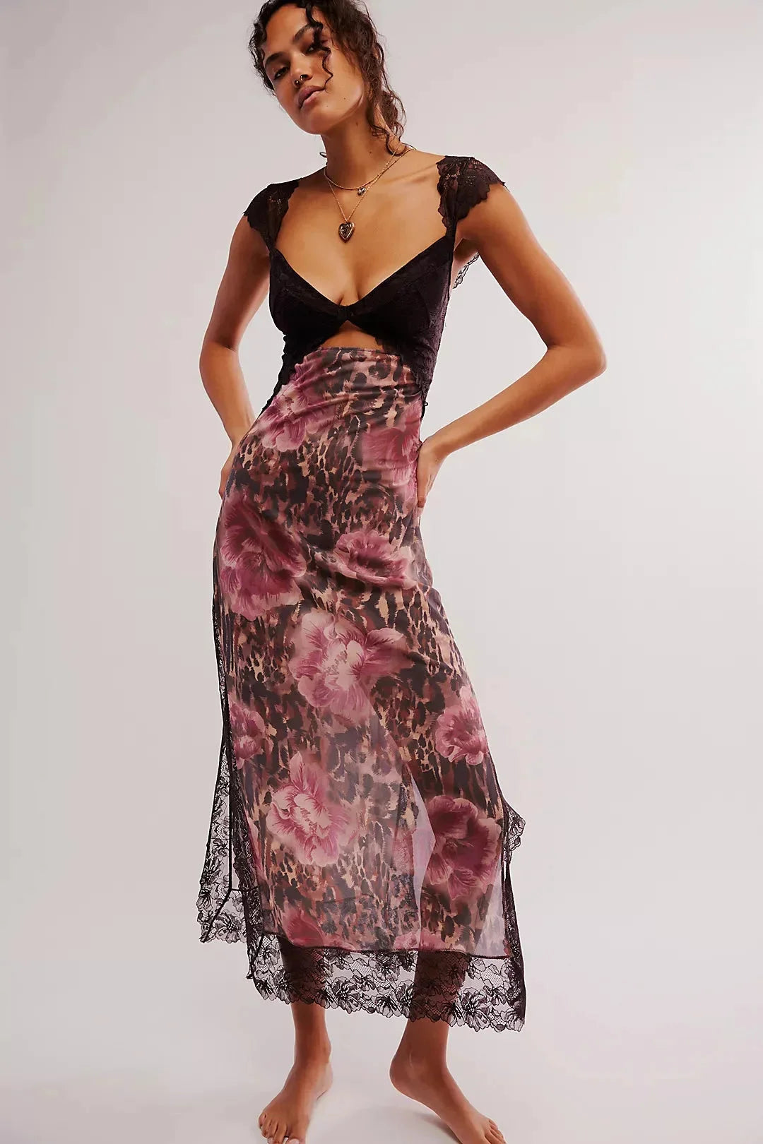 "Mitzi sheer floral print maxi dress in shaved chocolate combo, a lightweight and flowy option for a chic and sophisticated…