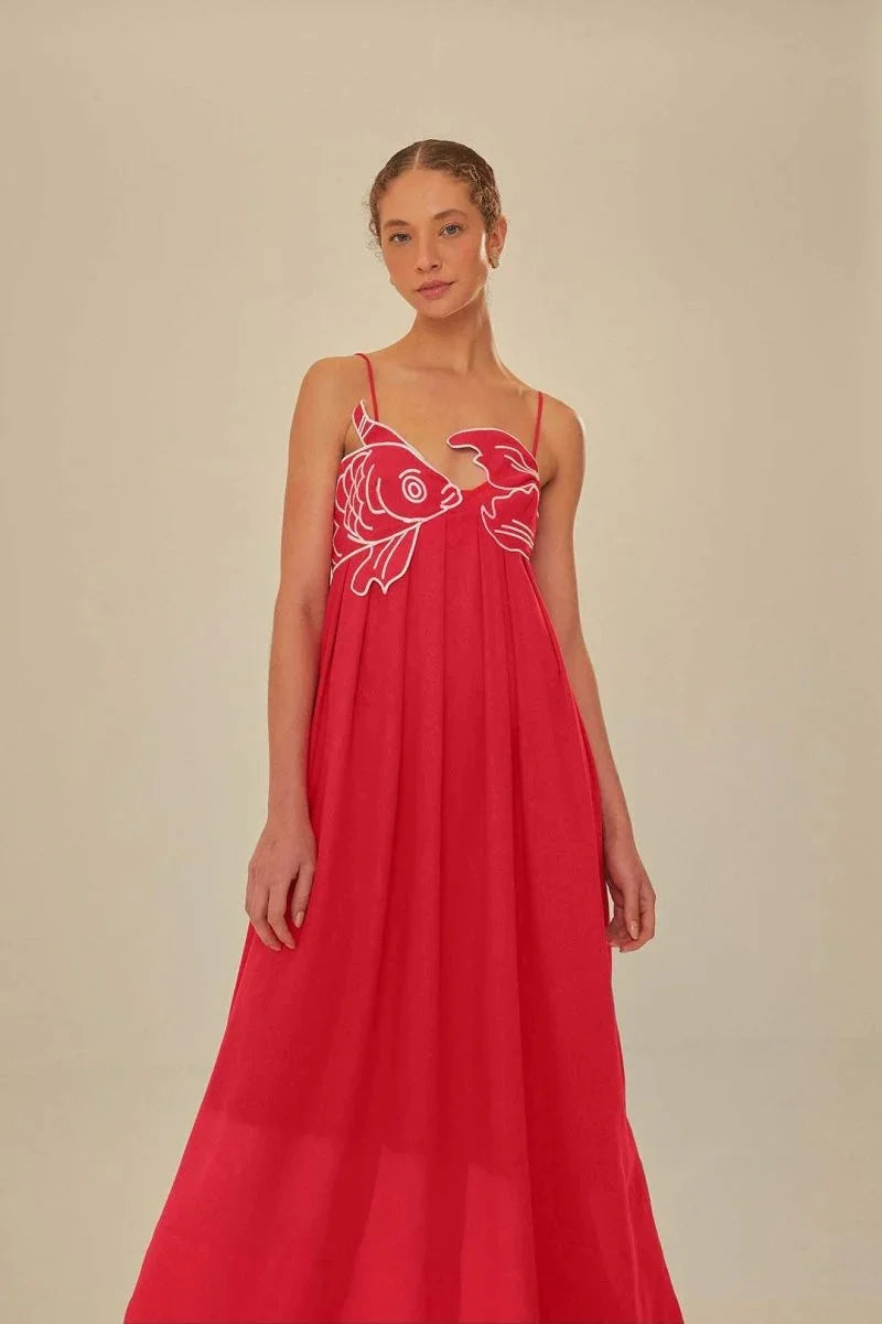 "Red sleeveless maxi dress with intricate embroidery details for a stylish and elegant look - perfect for any occasion."