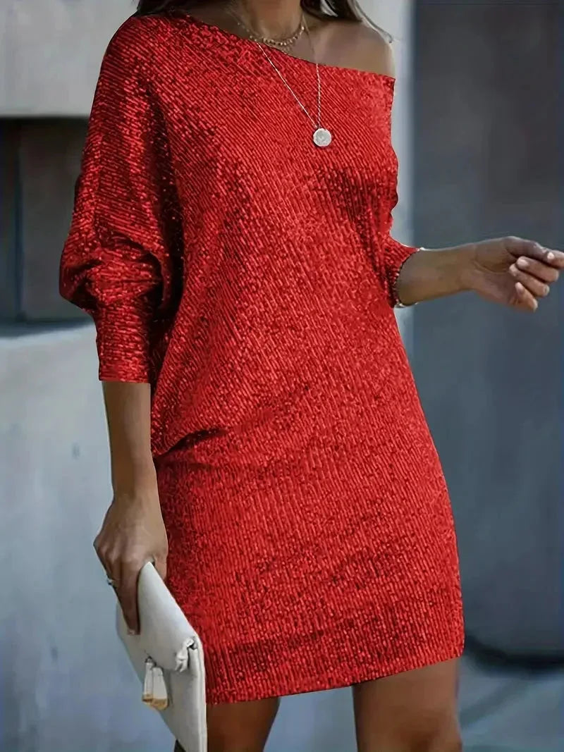 Red off-shoulder sequin party dress by Myla, shimmering fabric with a sleek design perfect for a glamorous night out.