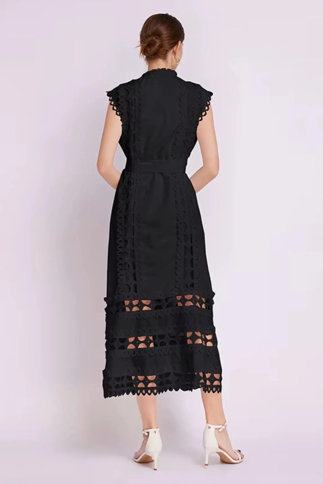 "Nalah sleeveless lace midi dress with belted waist in navy blue, perfect for special occasions, featuring intricate lace…