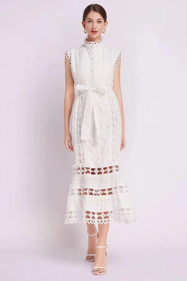 "Nalah sleeveless lace midi dress featuring belted waist, perfect for a chic and feminine look."