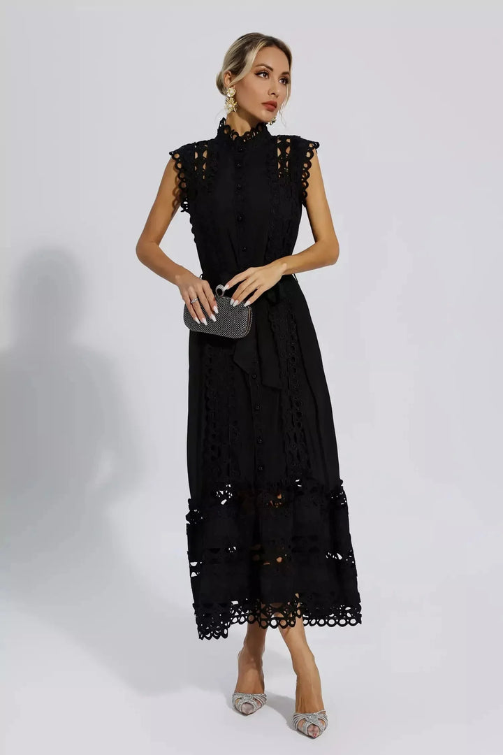 "Sleeveless lace midi dress with belted waist, featuring intricate lace detailing and a flattering silhouette."