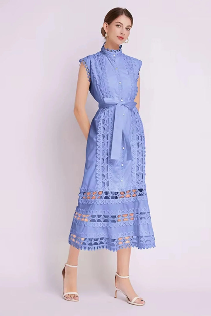 "Sleeveless lace midi dress in navy with belted waist, perfect for formal occasions and gatherings."