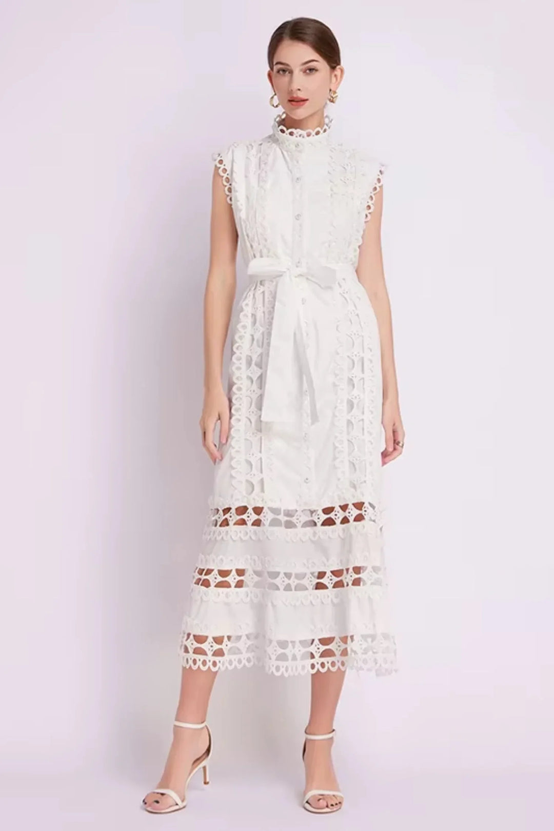 "Nalah sleeveless lace midi dress in belted waist, elegant floral lace design, perfect for special occasions."