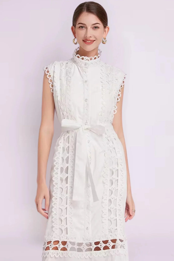 "Sleeveless lace midi dress with belted waist in soft ivory lace fabric, perfect for day to evening wear."