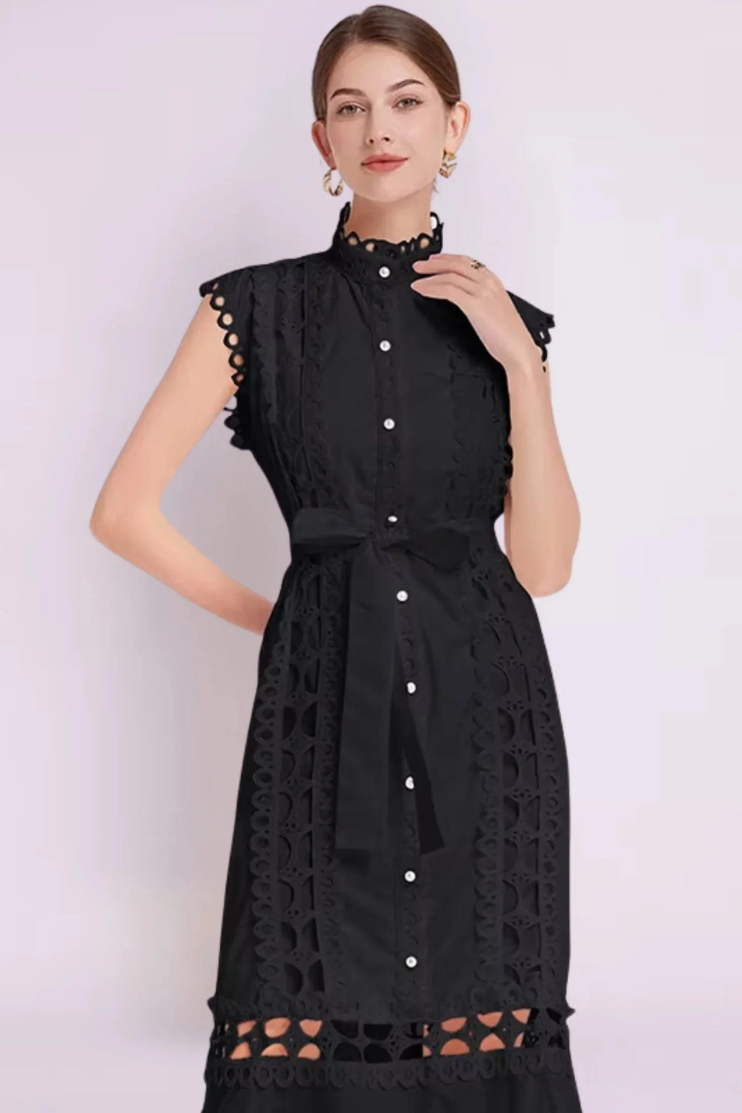 "Nalah sleeveless lace midi dress with belted waist, showcasing intricate lace details and a flattering silhouette."