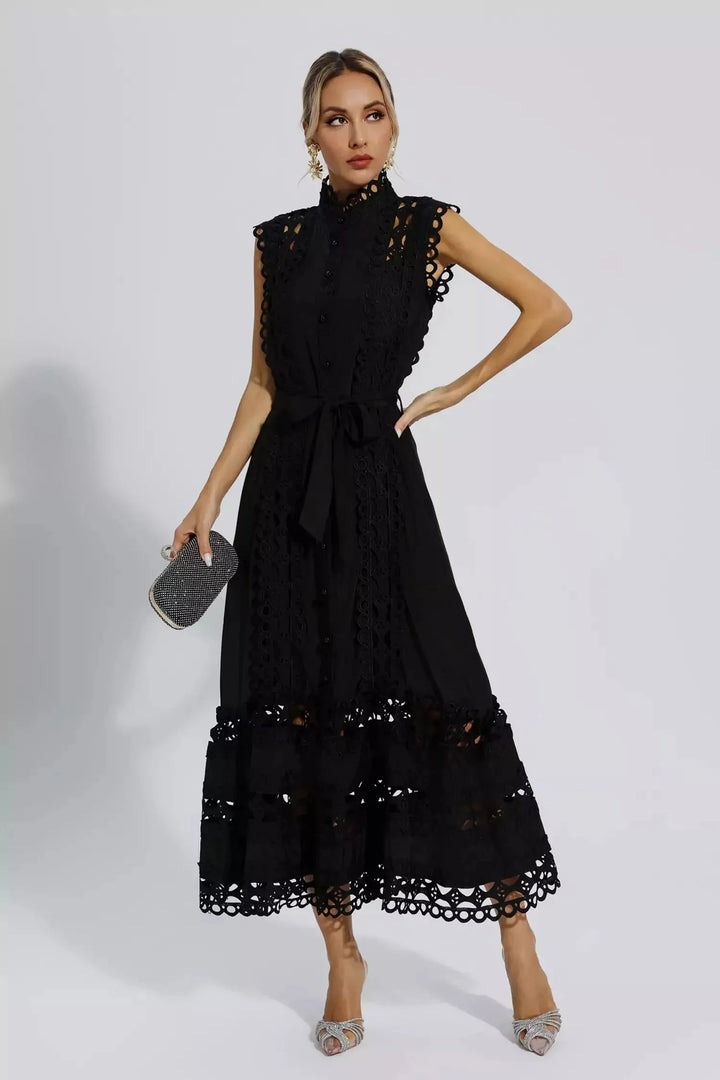 Sleeveless lace midi dress in a belted waist, perfect for any occasion.