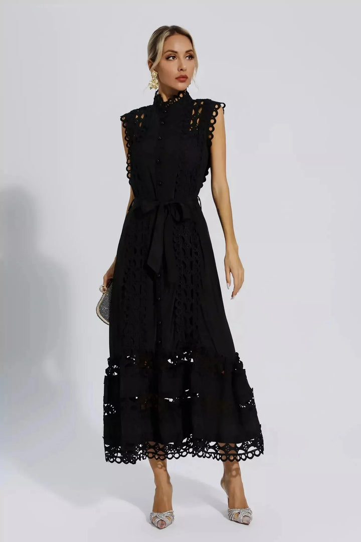 Sleeveless lace midi dress with belted waist, intricate lace detailing, perfect for a special occasion or a night out.