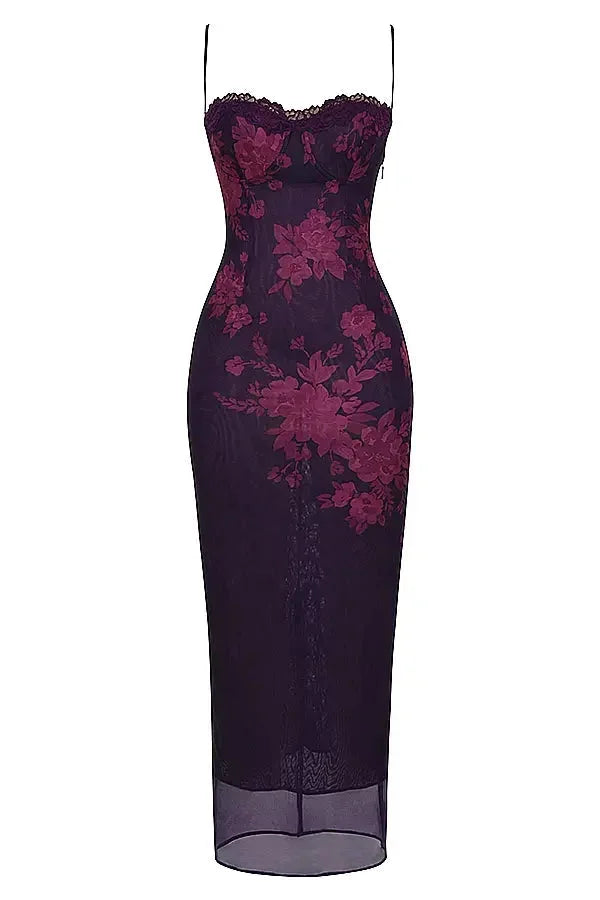 "Navee floral maxi dress in navy blue, featuring adjustable straps and a beautiful floral pattern on soft flowy fabric."