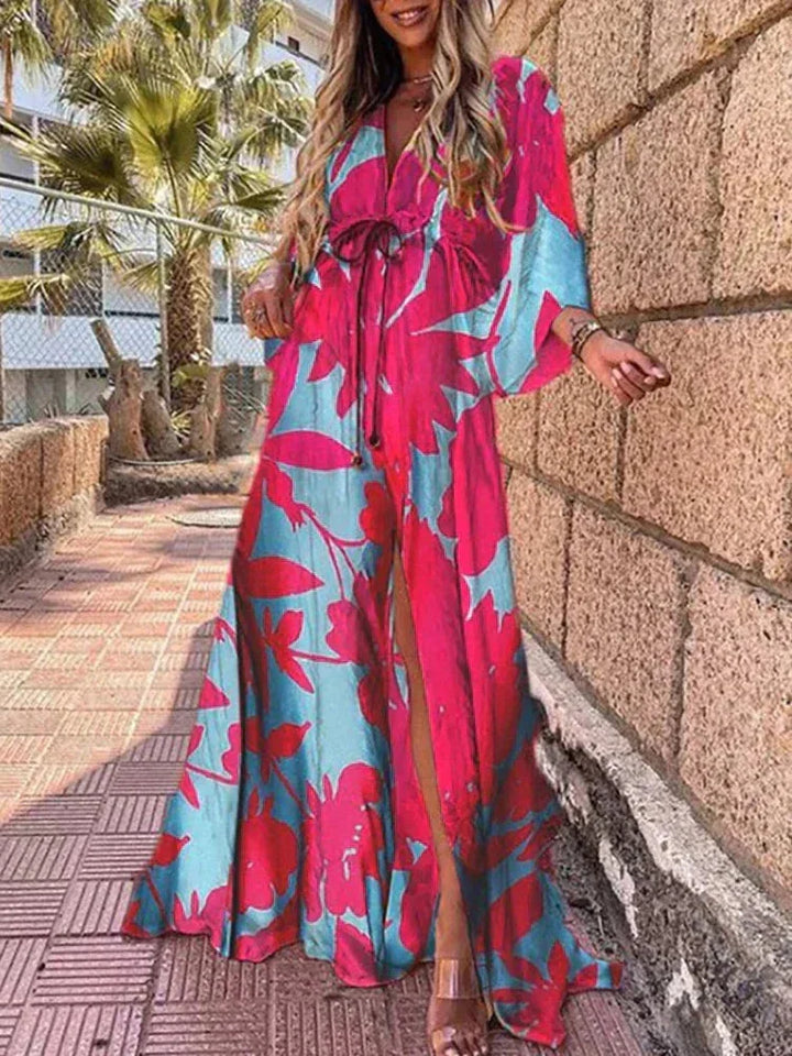 Blue and pink striped maxi dress with waist belt made from soft, breathable fabric in a casual and stylish design.