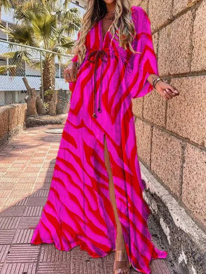 Pink red striped maxi dress with waist belt, made from soft and breathable fabric, perfect for a casual yet chic look.