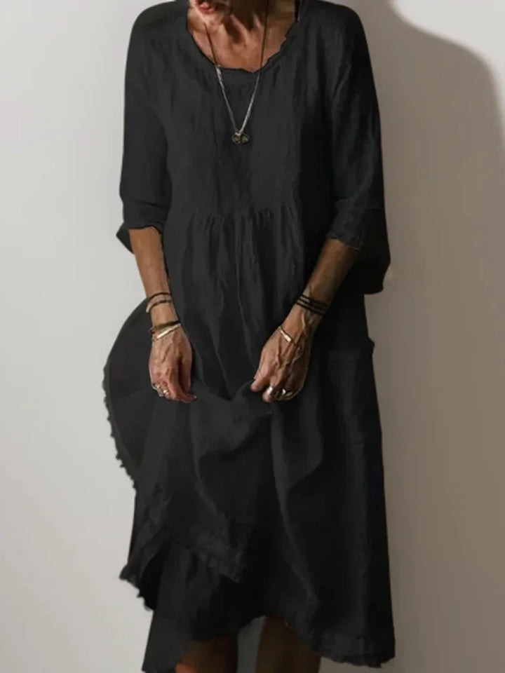 "Black V-neck tiered maxi dress with 3/4 sleeves made from flowy and lightweight fabric, perfect for casual or formal…