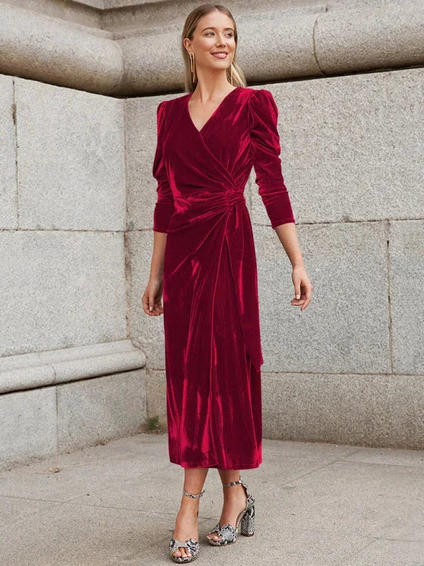 "Velvet wrap dress with stylish puffed sleeves for a sophisticated look"