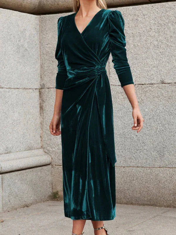 Novali's velvet wrap dress with chic puffed sleeves - rich velvet fabric elegantly styled with trendy puffed sleeves for a…