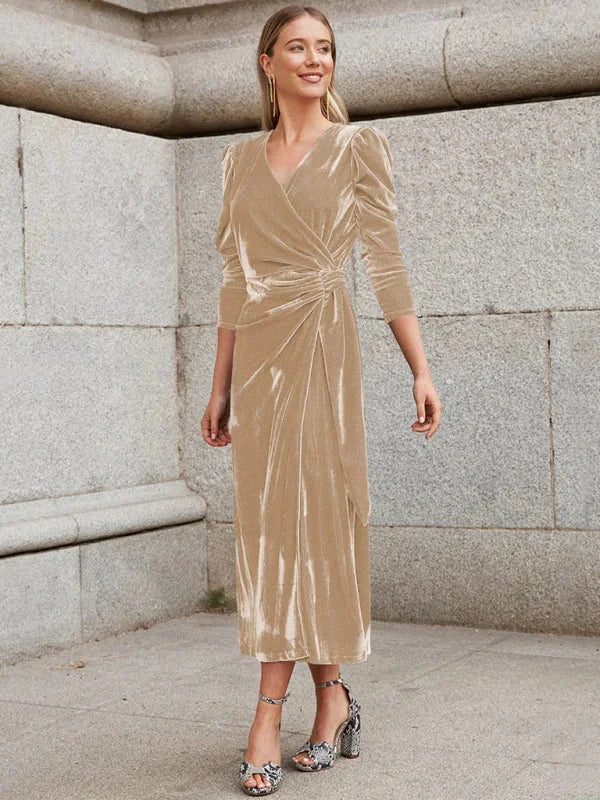 "Khaki velvet wrap dress with stylish puffed sleeves showcasing effortless elegance and modern charm."